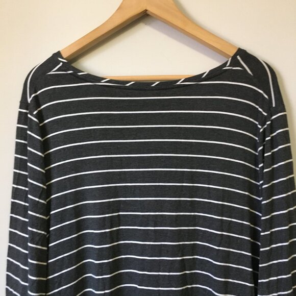 Grey and White Striped Long Sleeve Modern Relaxed Jersey V-Neck Tee - Picture 6 of 15